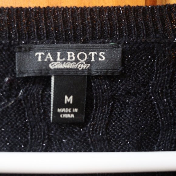 Talbots Black Metallic Sparkly Cable Knit Sweater Rayon Medium - Picture 10 of 11